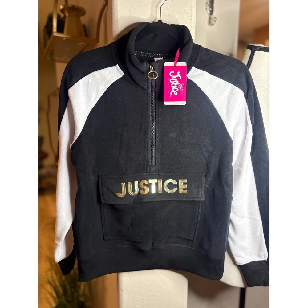 Justice Girl's Blavk/White Half Zip Fleece Hoodie Size L 12/14 NEW
